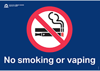 Sign displaying a no smoking logo symbol featuring a line through a burning cigarette and text “Strictly no smoking past this point"